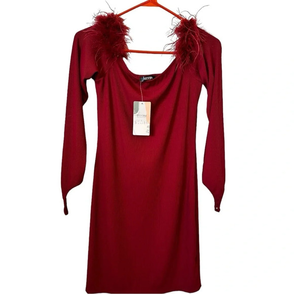 NWT Women's Sexy Off Shoulder Slim Fit Long Sleeve Ribbed Knit Feather Trim Mini - Picture 3 of 7